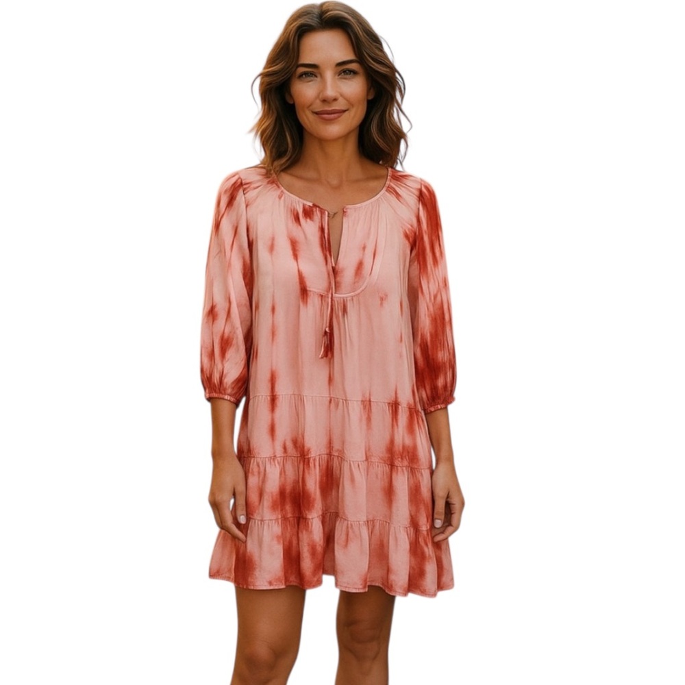 JW Styles Tie-Dye Casual Dress, Bishop Sleeves, front keyhole opening w/ tassel.